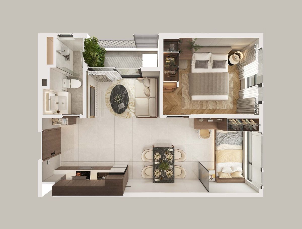 Layout căn hộ 1 phòng ngủ + Fenica